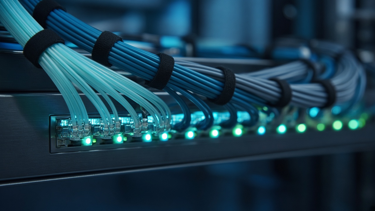 Neatly bundled network cables plugged into a server