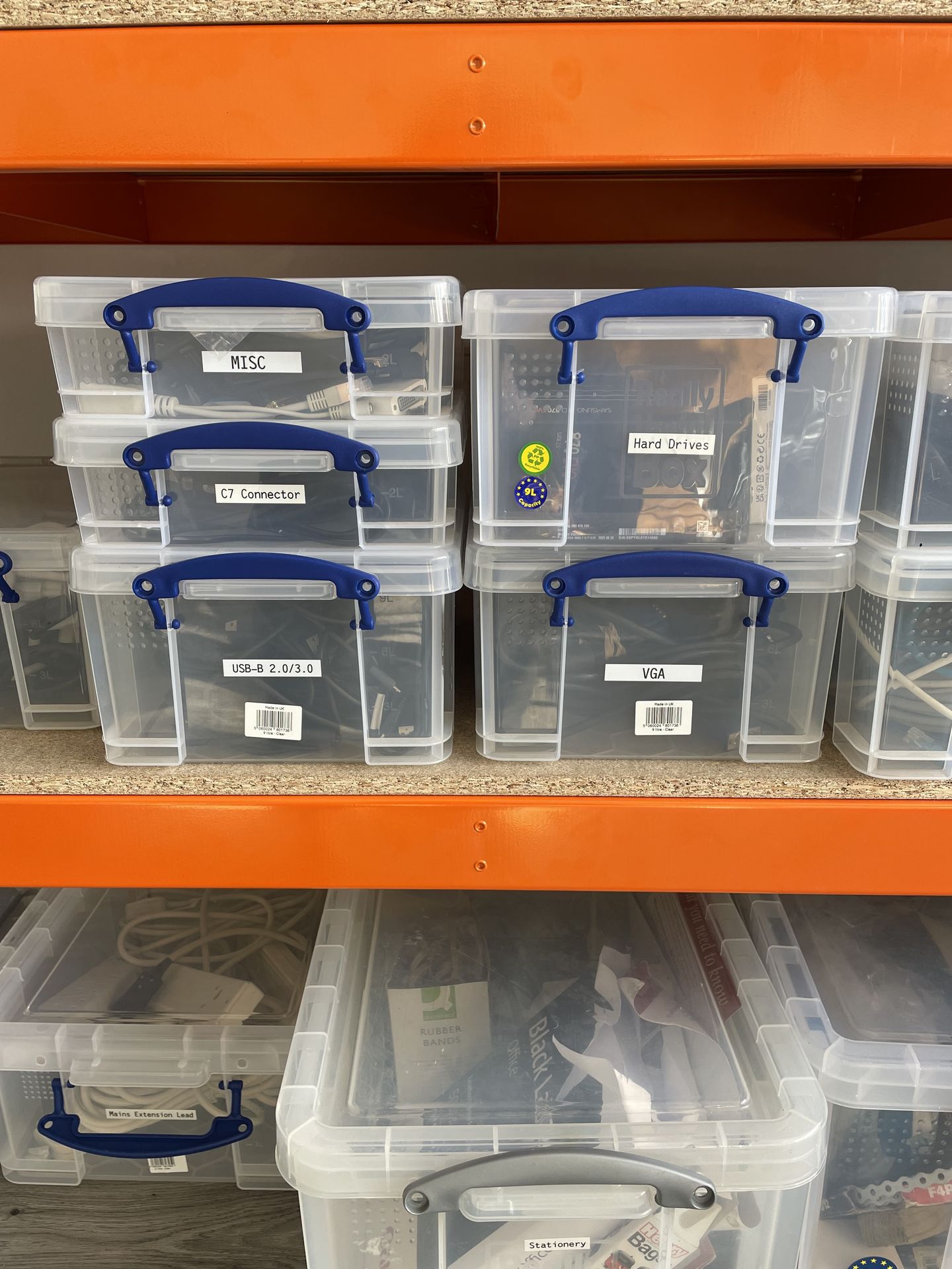 Spare kit on the shelf at our Kingsbridge office